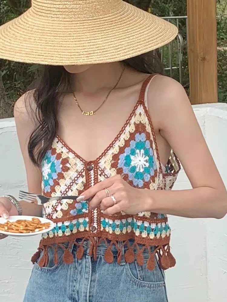 Granny Square Crochet Knit Vest Top Boho Fringed Strappy Crop Cami for