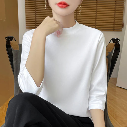 Summer And Autumn New 100% Cotton T-shirt Women's Semi-High-Necked