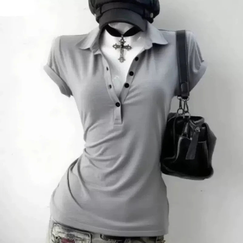 Graphic Harajuku POLO Collar Solid Short Sleeve Women's T-shirts 90s