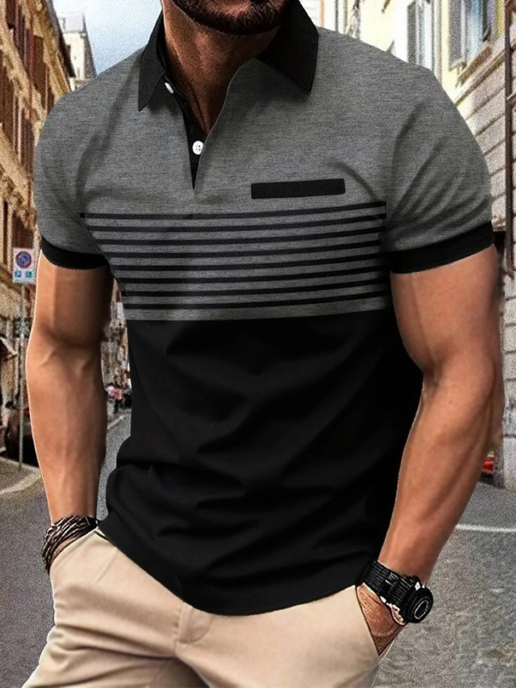 Men's color-matching striped short-sleeved lapel T-shirt casual top