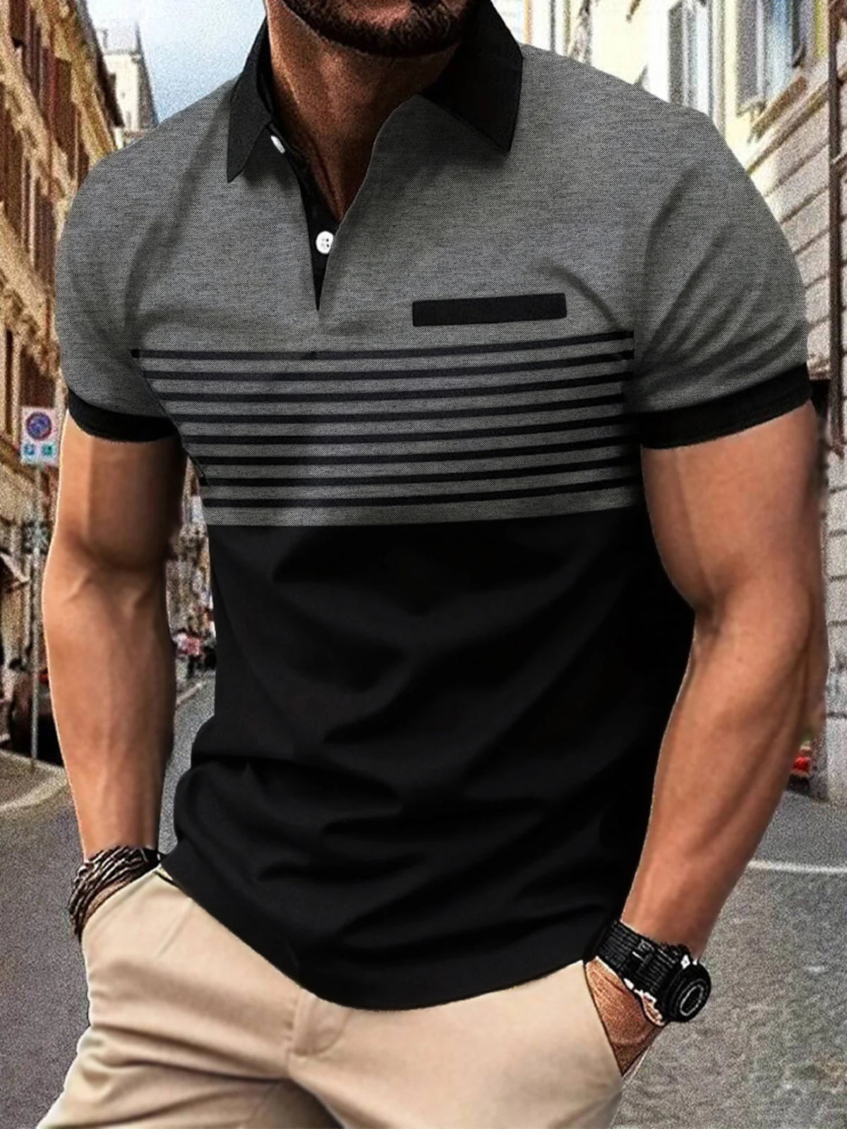 Men's color-matching striped short-sleeved lapel T-shirt casual top