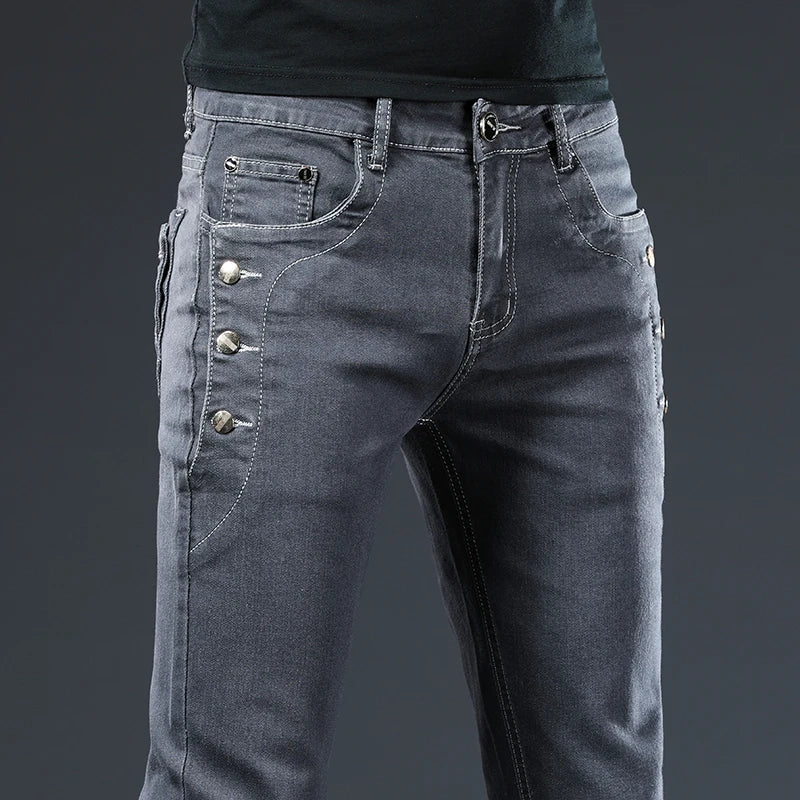 New Men's Multi-button Skinny Jeans Gray Black Stretch Straight