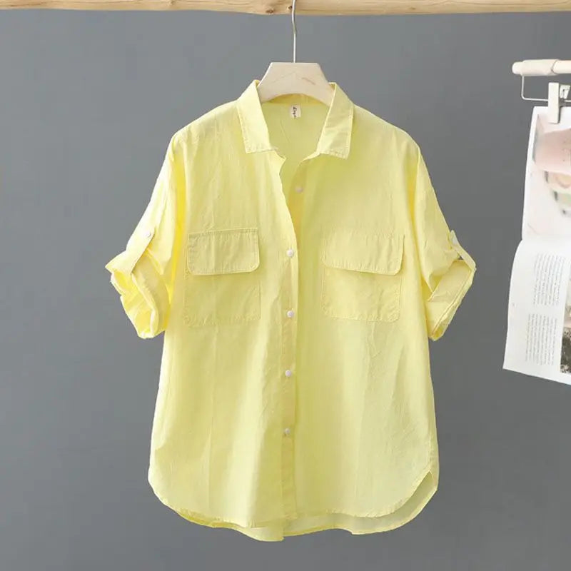Turn-down Neck Pink Solid Short Sleeved Loose Shirt And Blouse Clothes