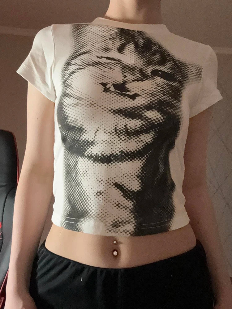 Harajuku Animal Print Crop Top Basic White Short Sleeve Crewneck