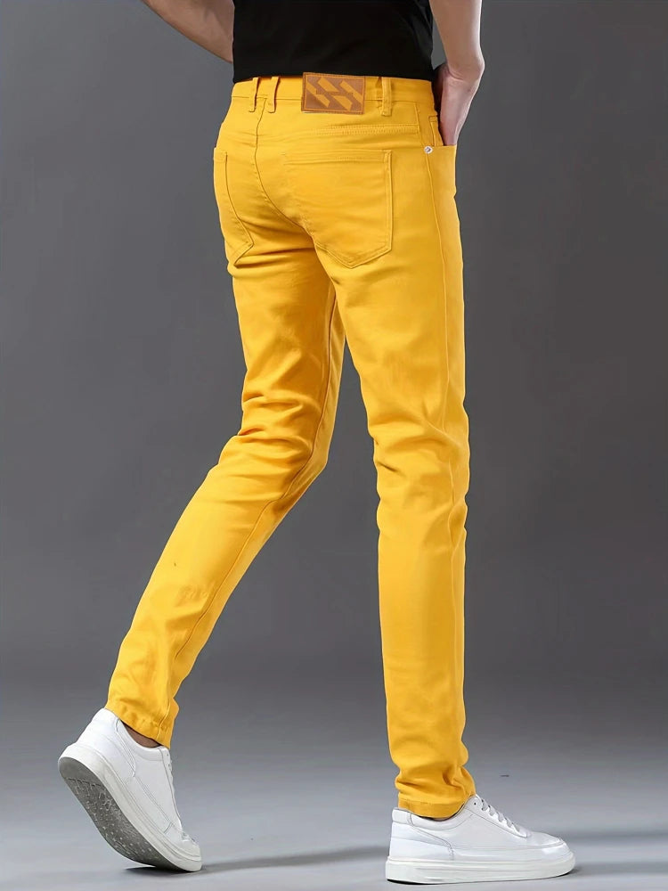Bright Yellow Straight Leg Jeans Men Hip Hop Streetwear Casual Denim