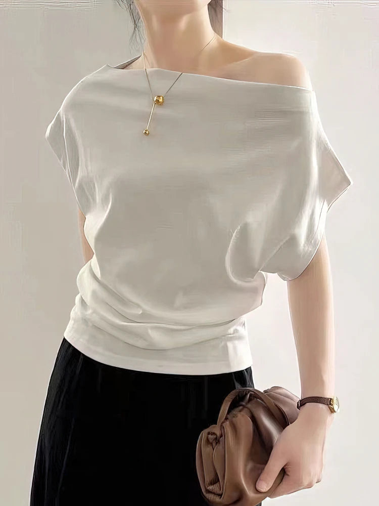 Korean Elegant Summer Off shoulder Top Women One shoulder Loose Casual