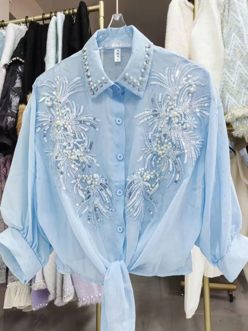 High-end Sequines Pearls Beaded Stitch Sunscreen Blouses Shirts for