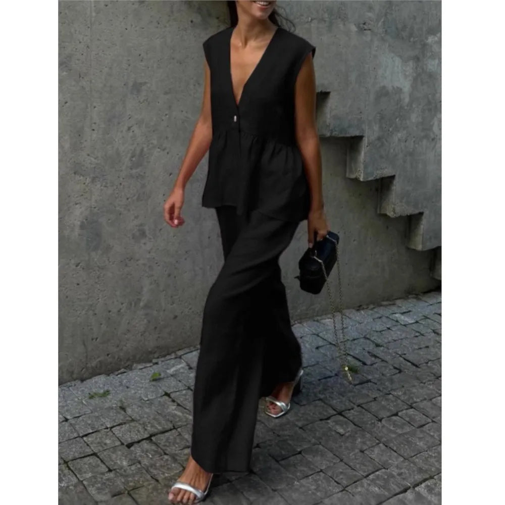 Casual Sleeveless Vest V Neck Blouse Trousers Cotton Linen 2 Piece Set