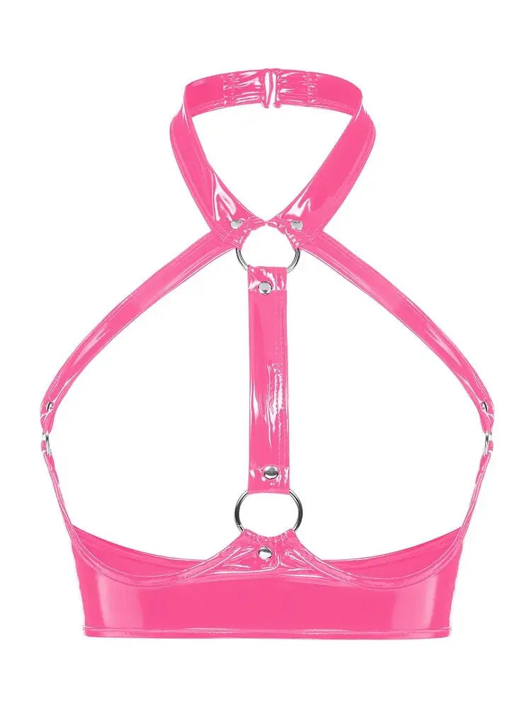 S-3XL Halter Backless Camis Wet Look PVC Bustier Top Hollow Out Shiny