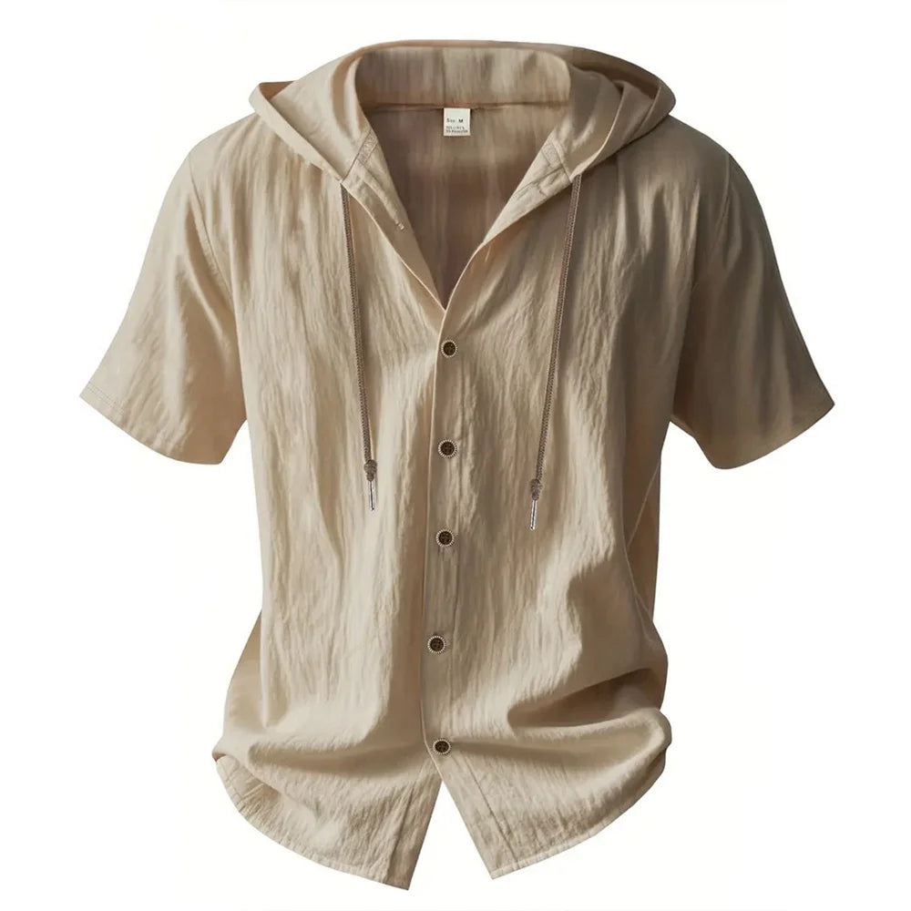 Cotton Linen Shirt for Men Hooded Short Sleeve Solid Color Breathable