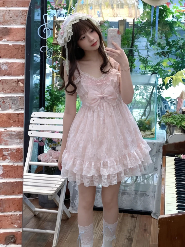 Summer New Girlish Sweet Lace Blouse Cute Bow Slim Kawaii Sling Dress