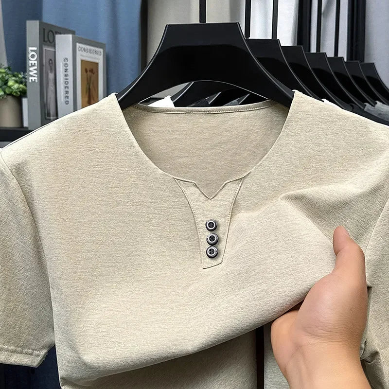 2026 New Men's Business Casual Three Button V-neck Short Sleeved