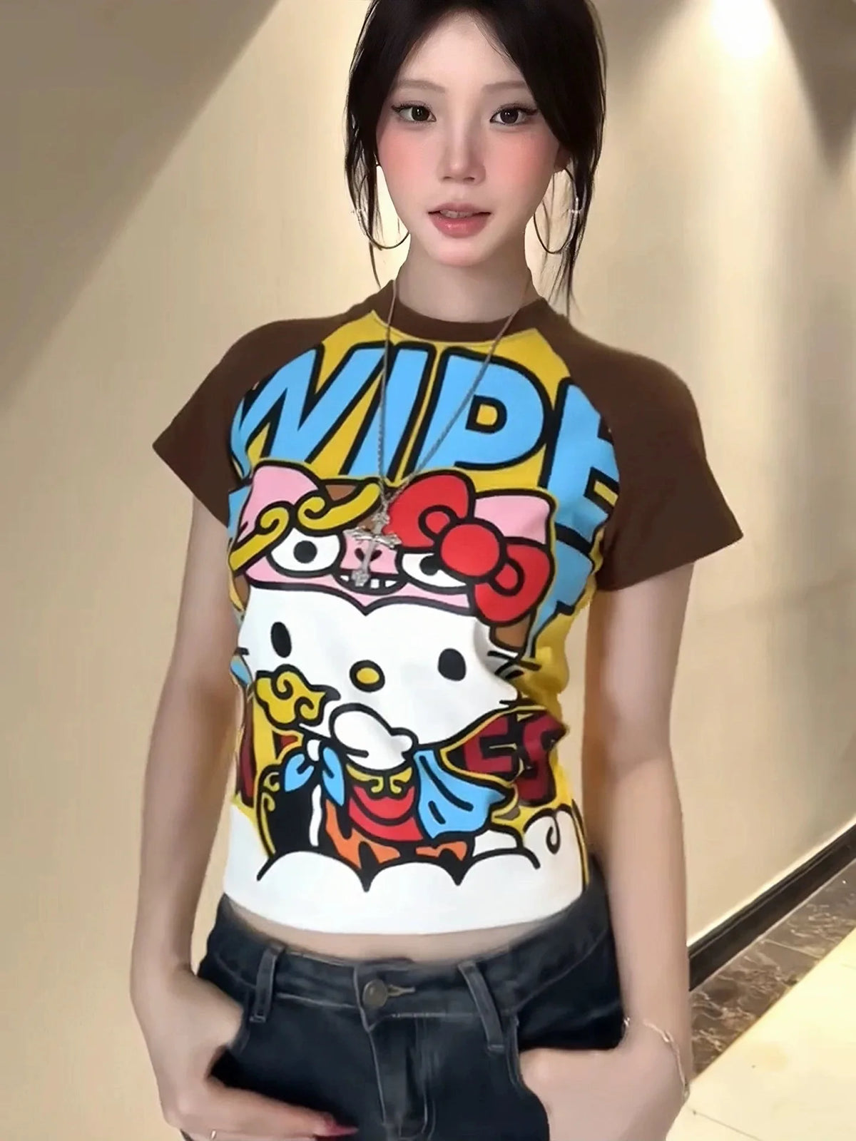 New Sanrio Hello Kitty Anime Fashion Short Tops Y2k Summer Cute Tees