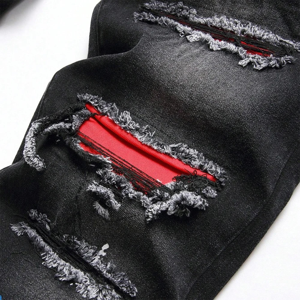 Men's Y2K Fashion Ripped Patchwork Hole Straight Black Jeans Slim Fit