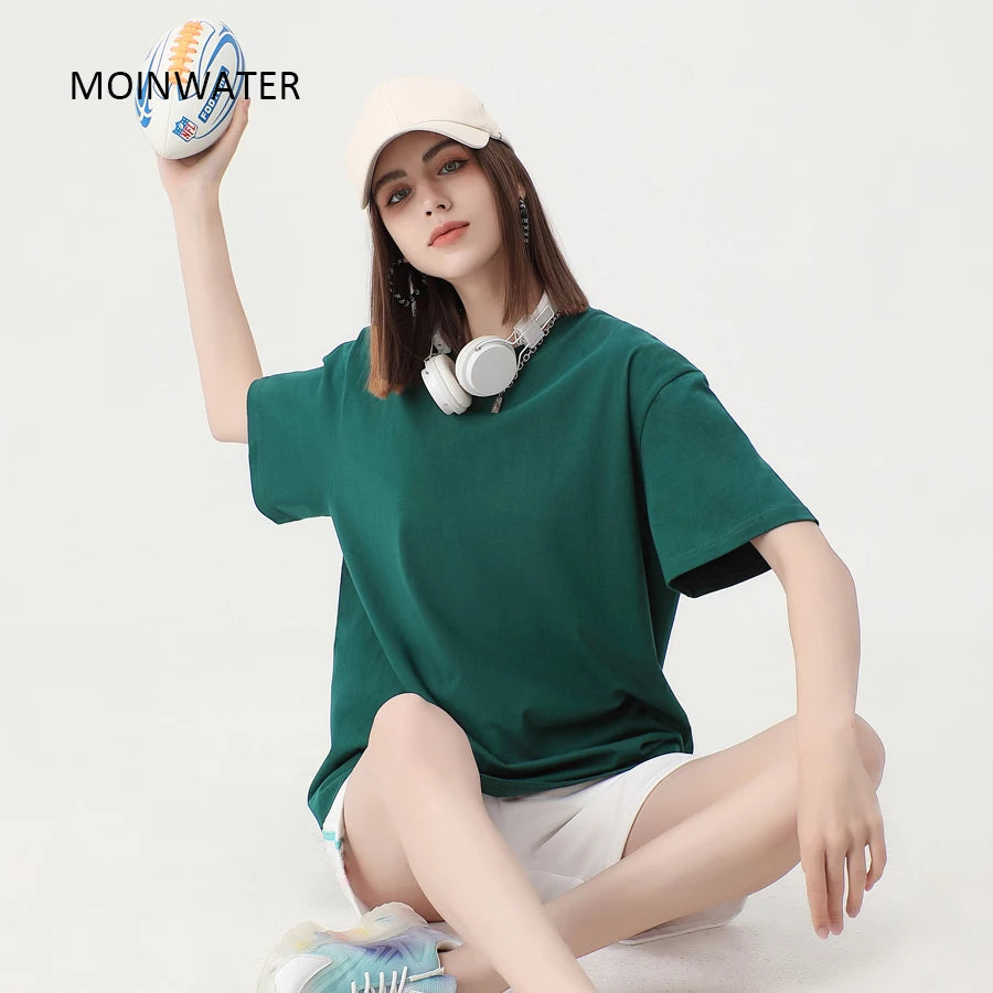 WAVLATII New Women Solid Cotton T shirts Female Dark Green Oversized