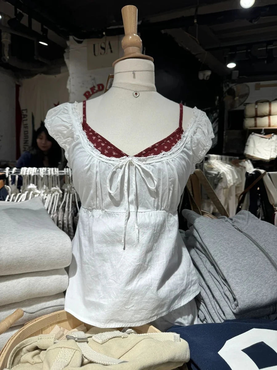 Sweet Lace-up Camisoles Blouse Women Summer Lace Trim Square Collar