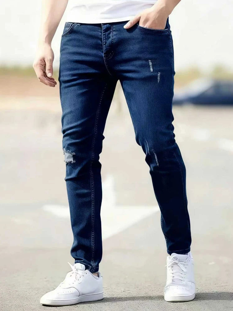 2026 Spring Men's Distressed Skinny Jeans Vintage Wash Elastic Biker
