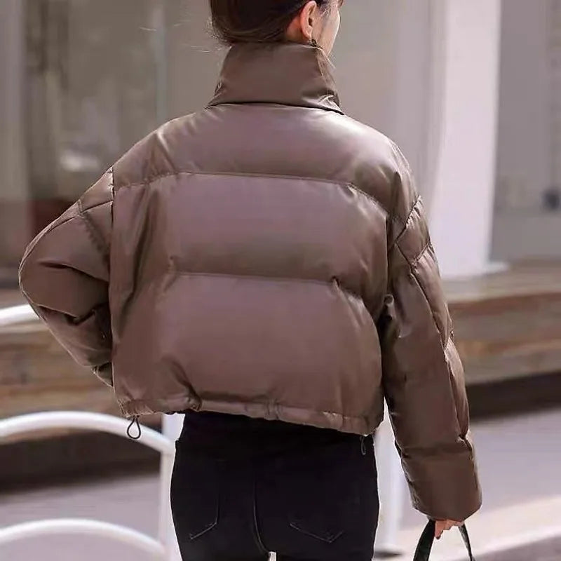 Solid Color Windproof Cropped Puffer Jacket Women Winter Thick Short