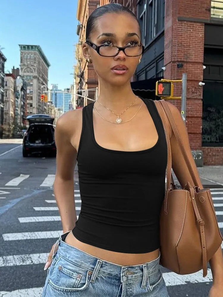 Women's Square Collar Sleeveless Bodycon Crop Tank Top Sexy Elegant