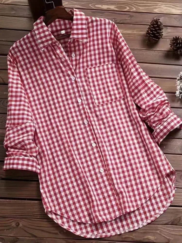 Plus Size Plaid Women's Cotton Linen Long Sleeves Roll Up Striped