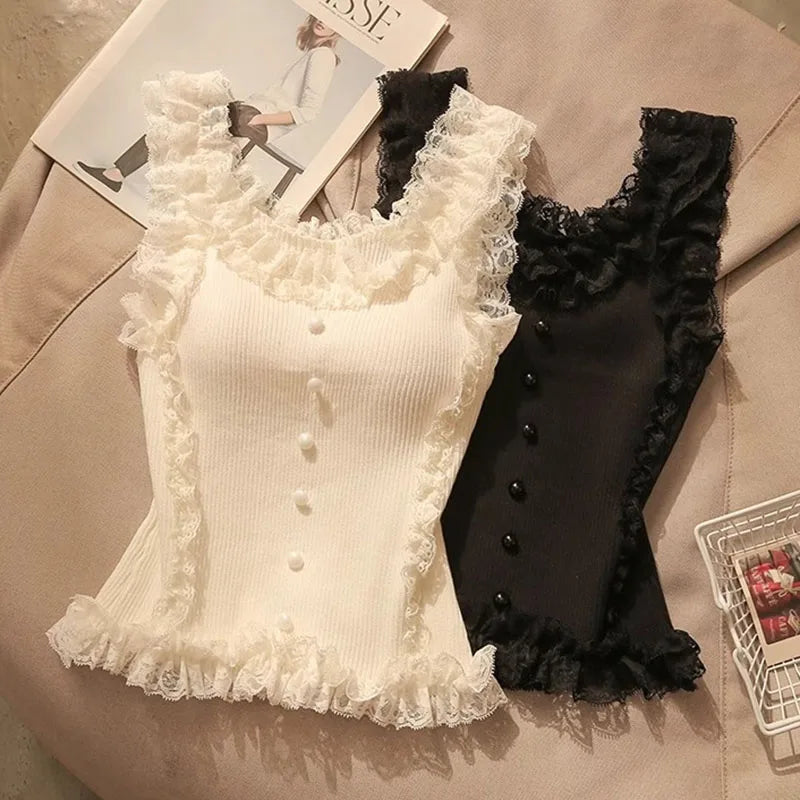 Sleeveless White Lace Patchwork Tank Top Women Camisole Black Crop