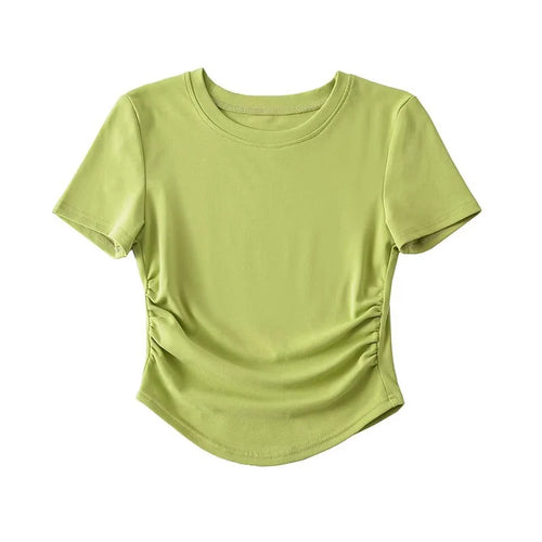 2024 Harajuku Women Crew Neck Short Sleeve Cotton Tee With Ruched