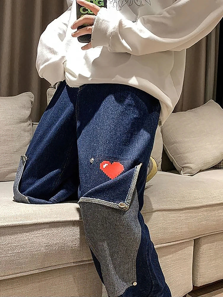 Harajuku Wide Leg Baggy Cargo Jeans Pants Men Heart Oversize Straight