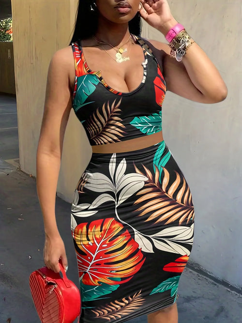 Print Slim Skirt Two Piece Set Women Sexy Low Cut Sleeveless Cropped