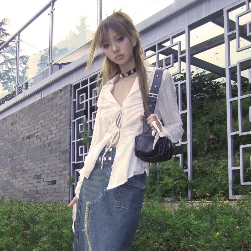 Karrram Y2k Aesthetics Pleated Shirt Fairycore Lace Up Blouse Trashy