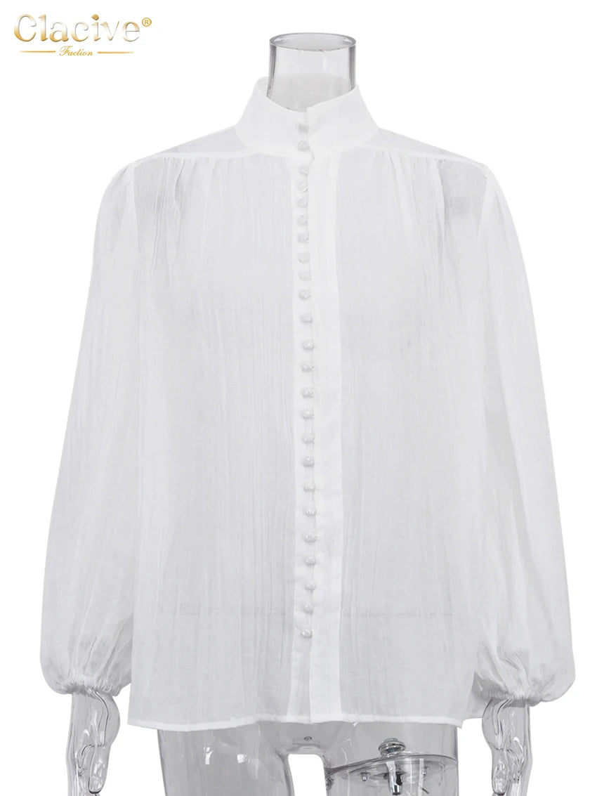 Clacive Fashion White Cotton Woman Blouse 2024 Elegant Stand Collar