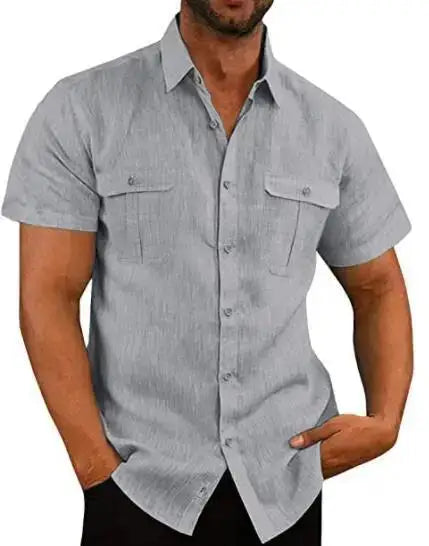 Cotton Linen Hot Sale Men Short-Sleeved Shirts Summer Solid Color