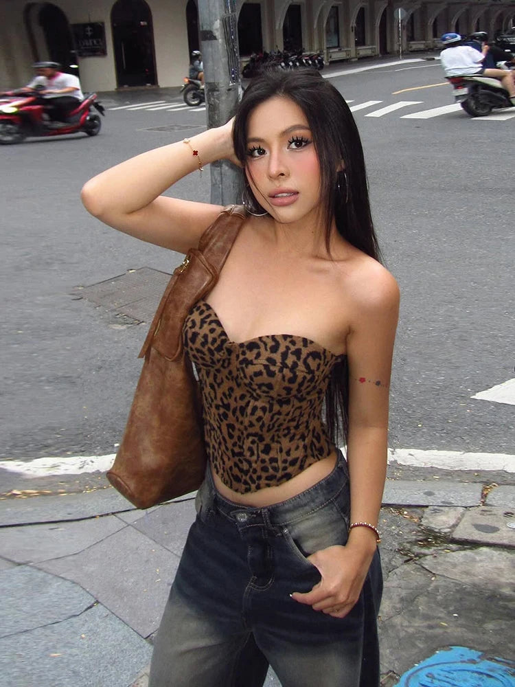 Weird Puss Leopard Print Corset Top Women Low-Neck Sexy Hottie