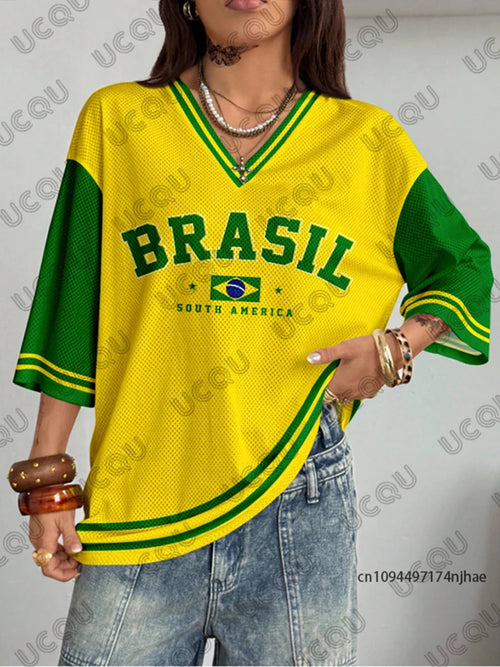 Summer New Brazil Print T Shirt For Women V-Neck Patchwork Short