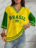 Summer New Brazil Print T Shirt For Women V-Neck Patchwork Short