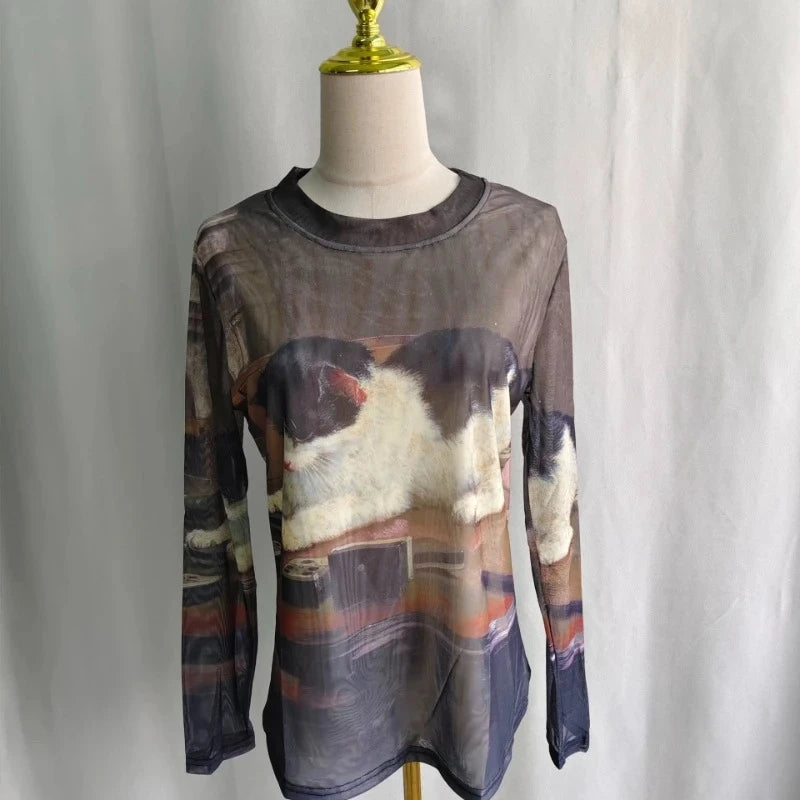 Kimutomo Y2k T Shirts Women Vintage Sexy Cartoon Cat Printed Short