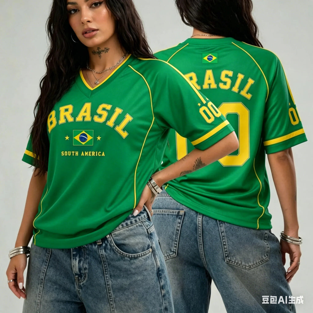 Women's Brazil 00 Print V-Neck Short Sleeve T-Shirt Summer Graphic Tee