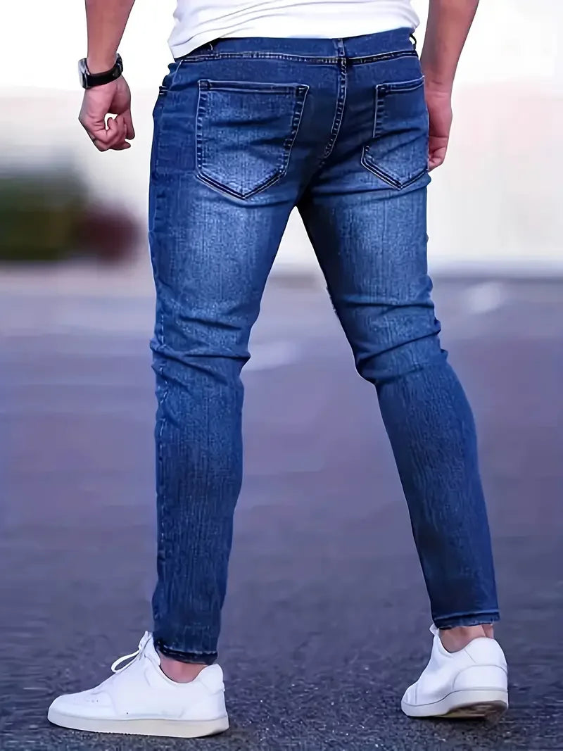 Men's Slim Fit Stretch Denim Jeans with Ripped Detail & Contrast