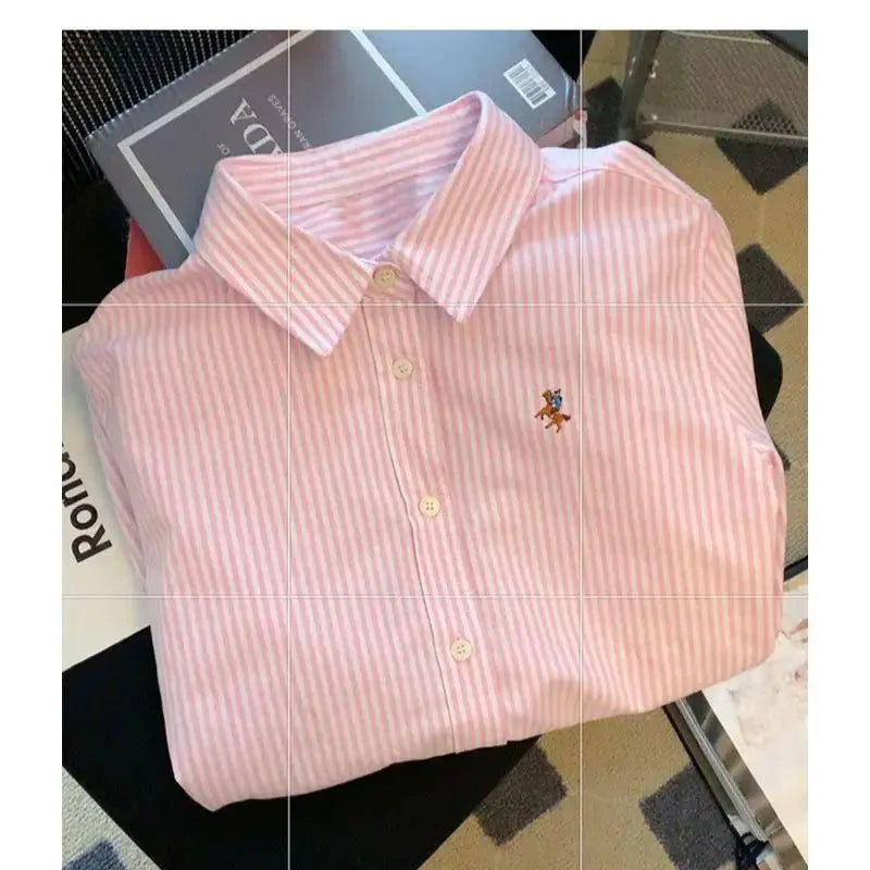 Striped Polo Neck Button Shirt Tops Long Sleeve Loose All-match High