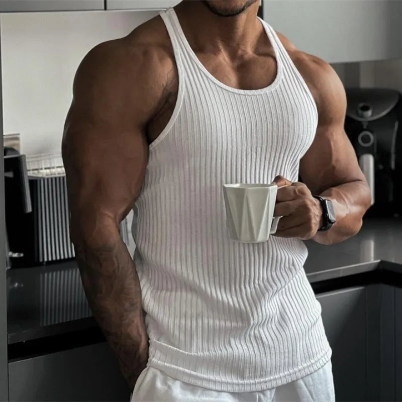 2023 Summer men Vest stripe gym Tank top Men Fitness sleeveless shirt
