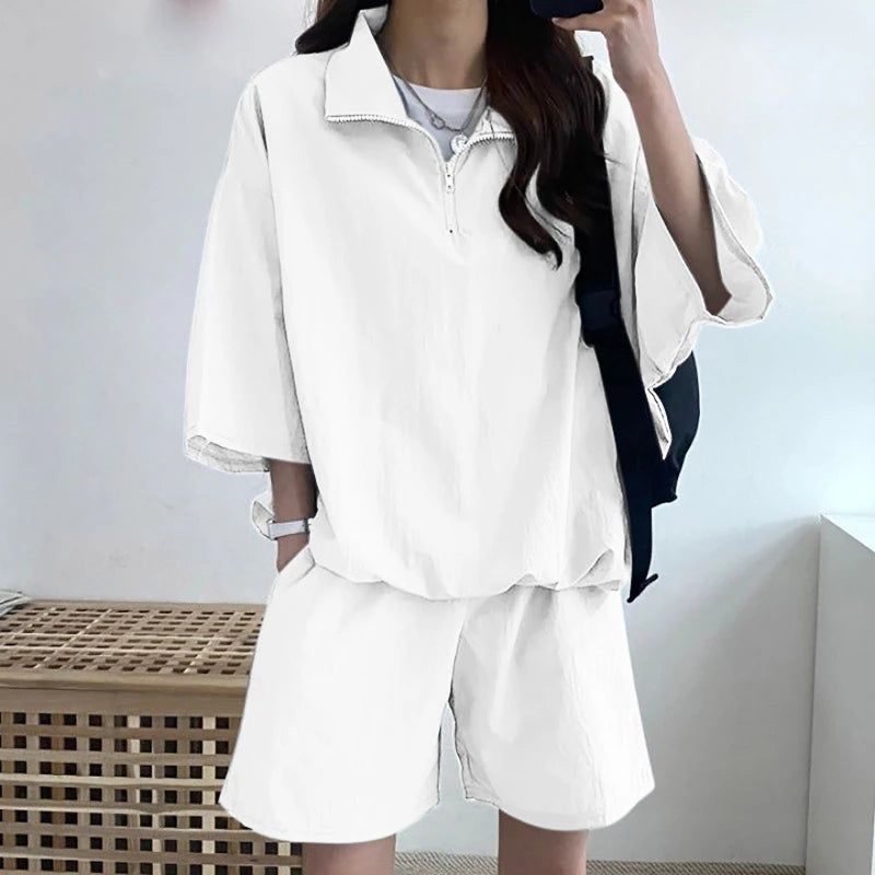 New in Summer Korean Chic Sports Leisure Polo Shirt Set Women's Loose