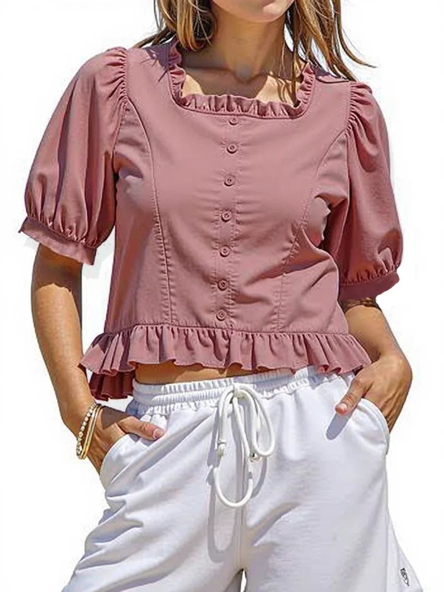 Korean Summer Ruffle Elegant Chiffon Cool Blouse Women Youthful Cute