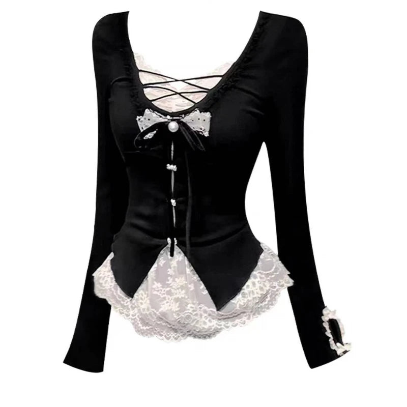 Korean Fashion Elegant Patchwork Lace Tops Slim Casual Long Sleeve