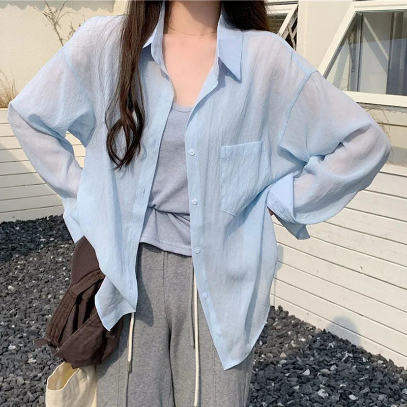 Xpqbb White Shirts for Women Summer Thin Holiday Beach Long Sleeve Sun