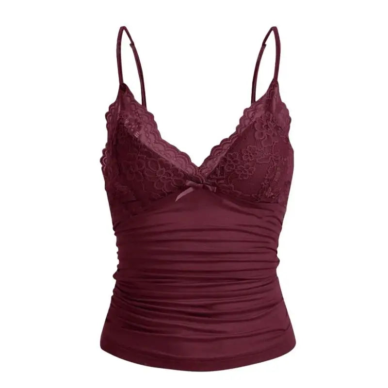 Spicy Girl Lace Bow Front Crop Cami Top Women 2026 Summer Y2K V-Neck