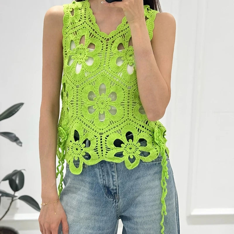 Women Crochet Tank Top Floral Embroidery Sheer Openwork Sleeveless