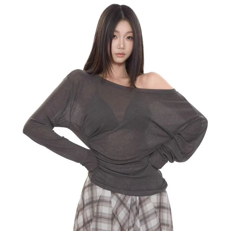French Style T-Shirts for Women Off Shoulder Chic Casual Top Spring