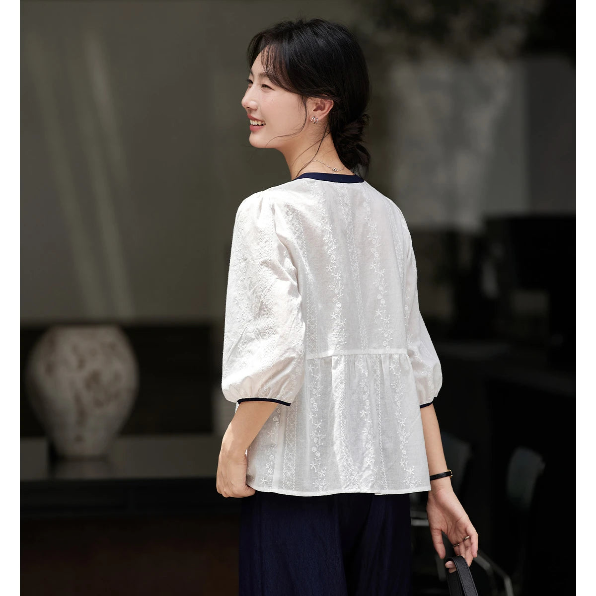 VIMLY Elegant Women Cotton White Blouse 2026 Spring Summer Embroidery