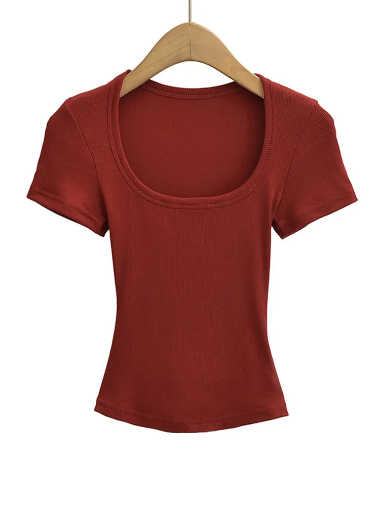 Square Collar High Stretch Summer Crop Tops Women Short Sleeve Tops