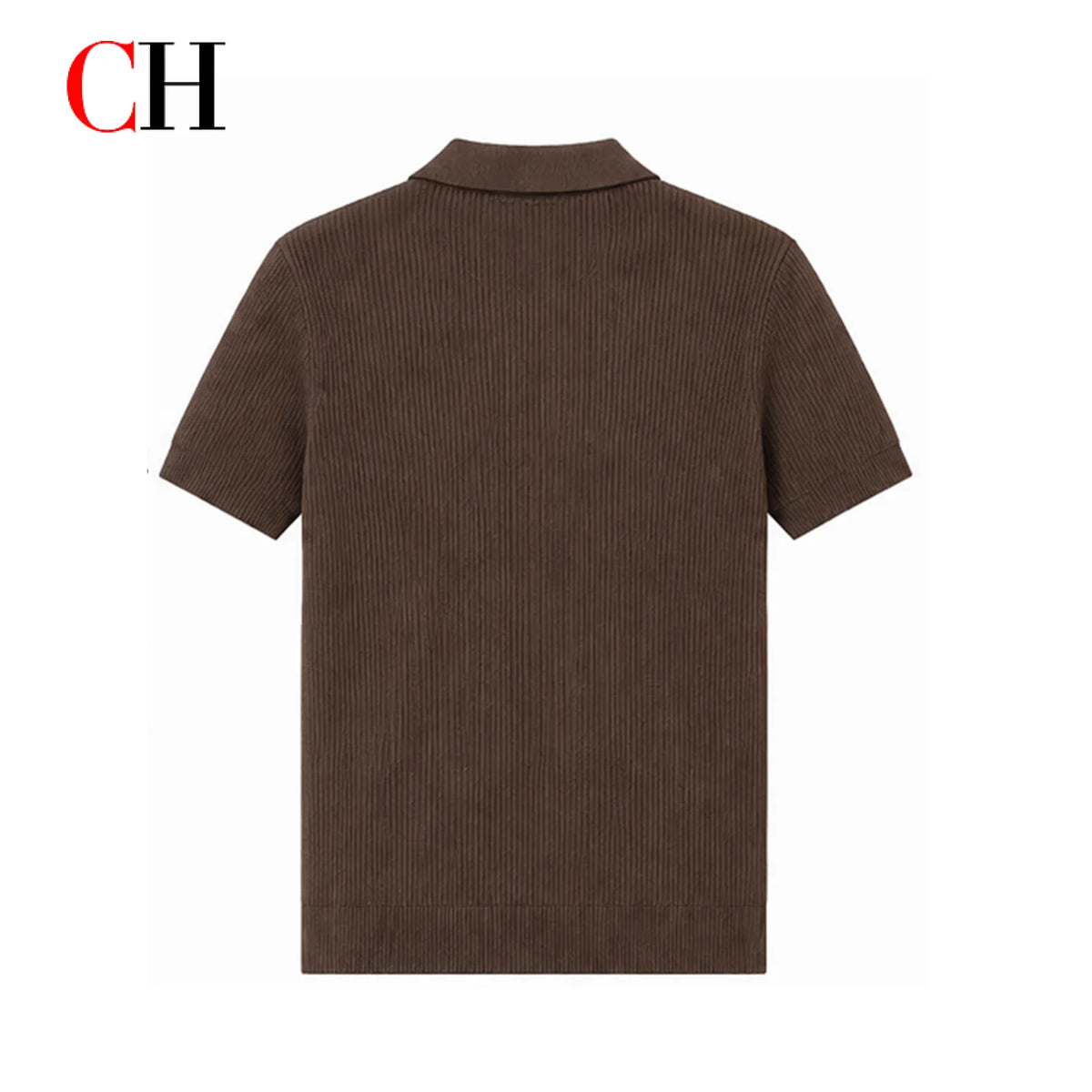 CH Men Luxury Vertical Ribbed Knit Polo Shirt Red Mini Embroidery Left