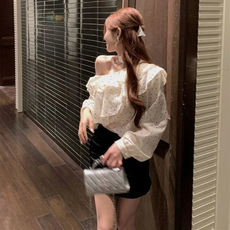 French Style Halter Neck Polka Dot Chiffon Shirts Woman Elegant Off